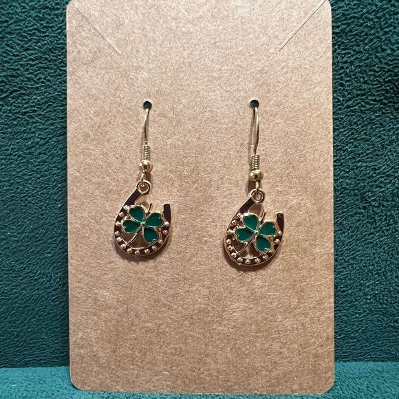 St. Patrick’s Day Horseshoe Four Leaf Shamrock Earrings - Picture 1 of 2